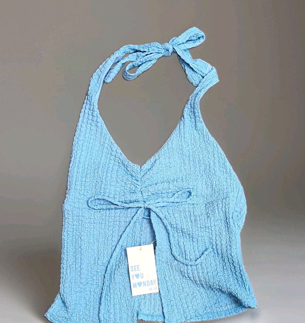 NWT See You Monday Blue Textured Lined Halter Tank Top Tie Front Bow Juniors L